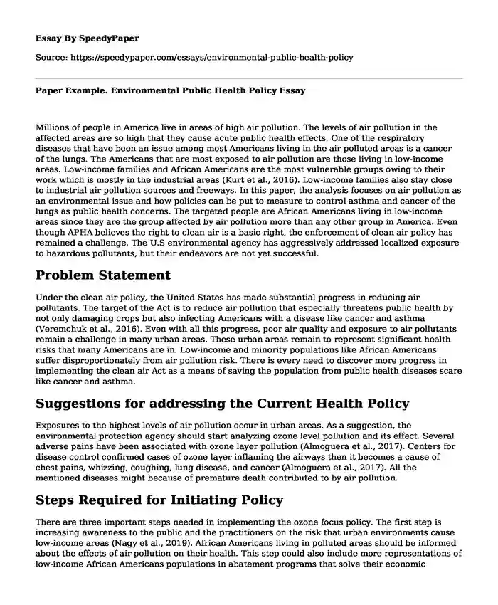 Paper Example. Environmental Public Health Policy