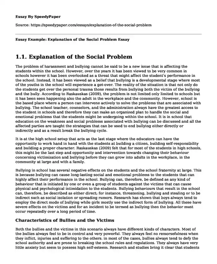 Essay Example: Explanation of the Social Problem