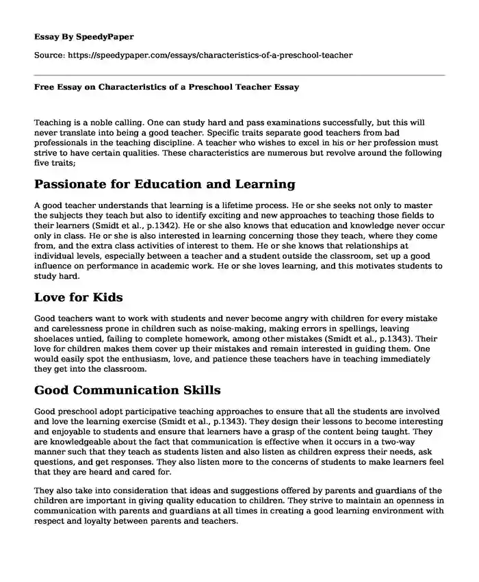 Free Essay on Characteristics of a Preschool Teacher