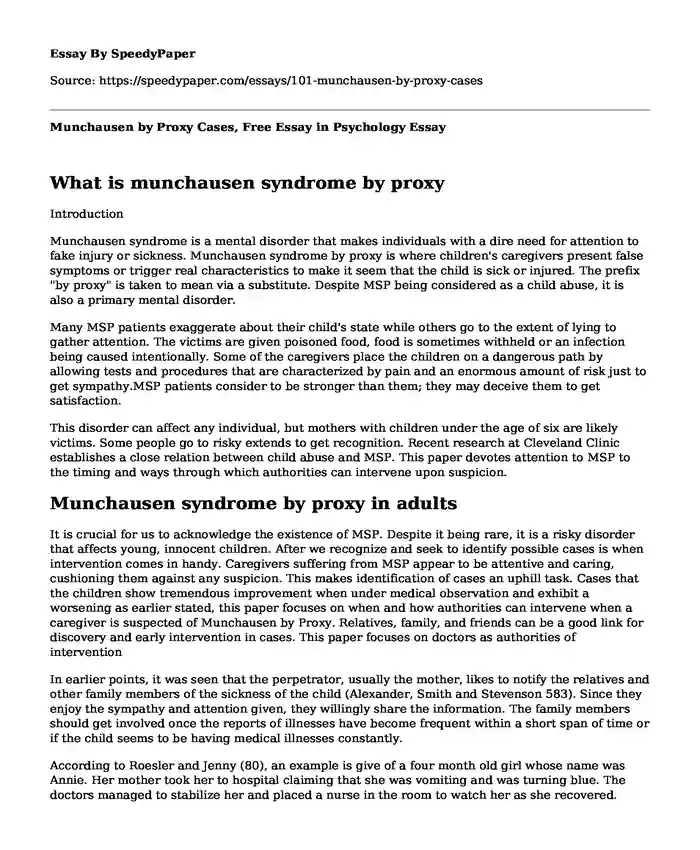 Munchausen by Proxy Cases, Free Essay in Psychology