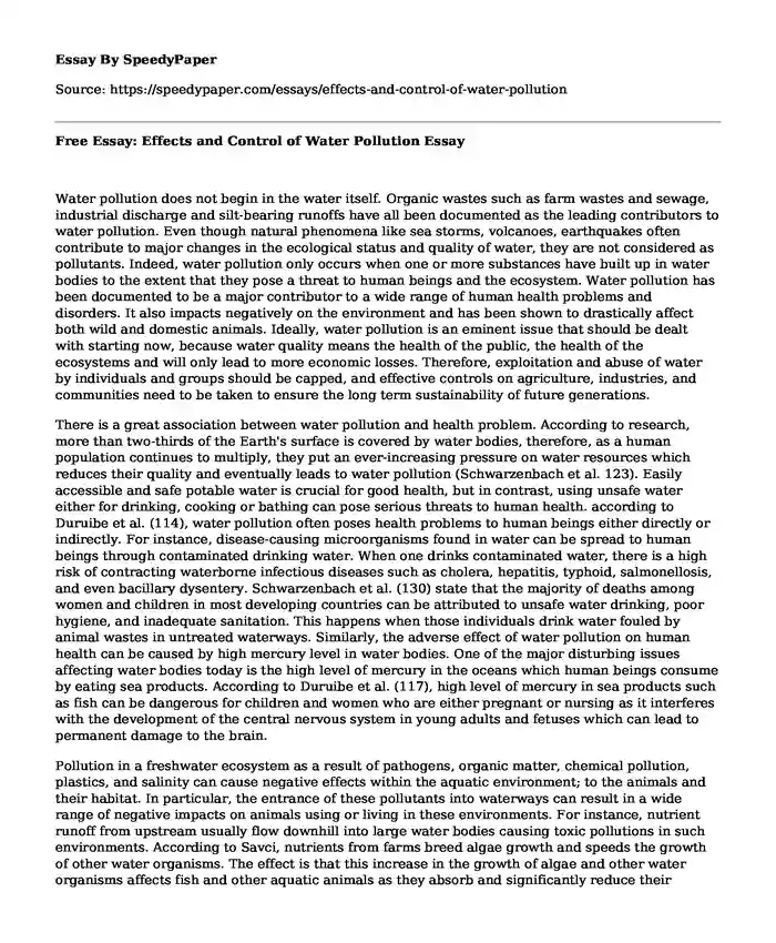 Free Essay: Effects and Control of Water Pollution