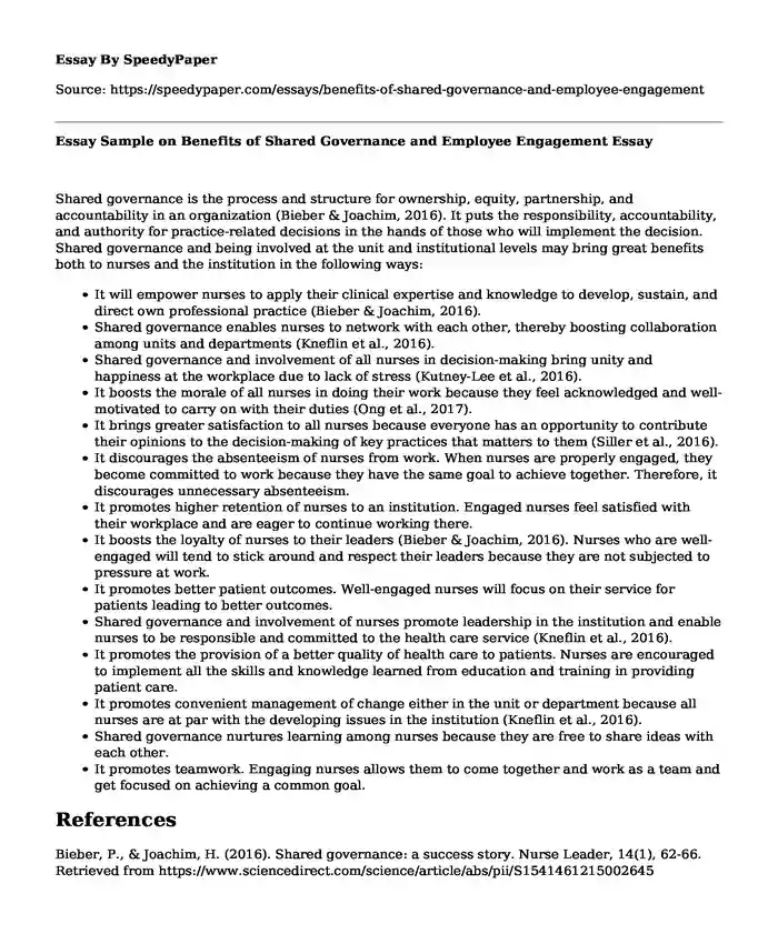 Essay Sample on Benefits of Shared Governance and Employee Engagement