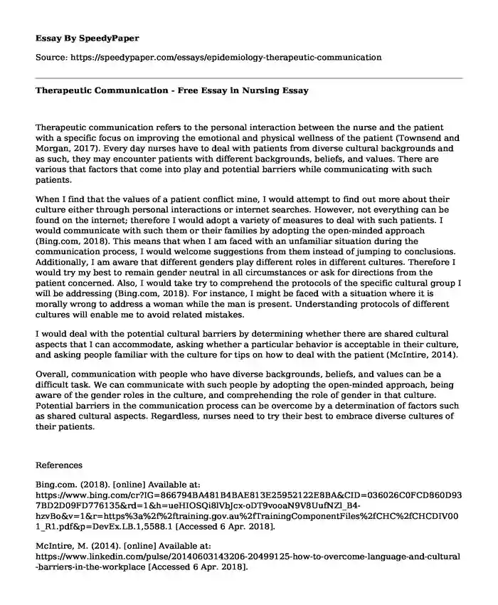 Therapeutic Communication - Free Essay in Nursing