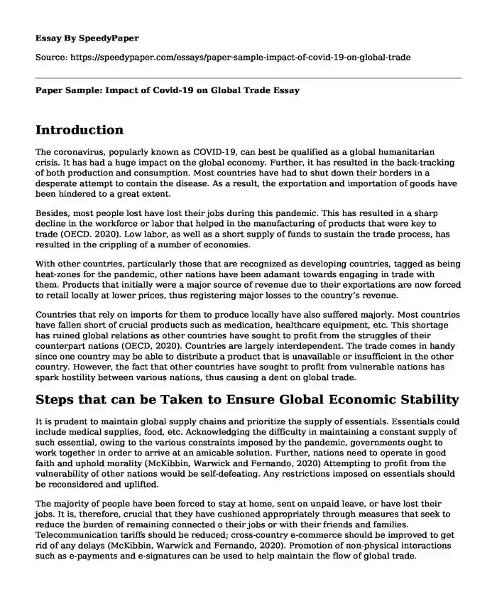 Paper Sample: Impact of Covid-19 on Global Trade