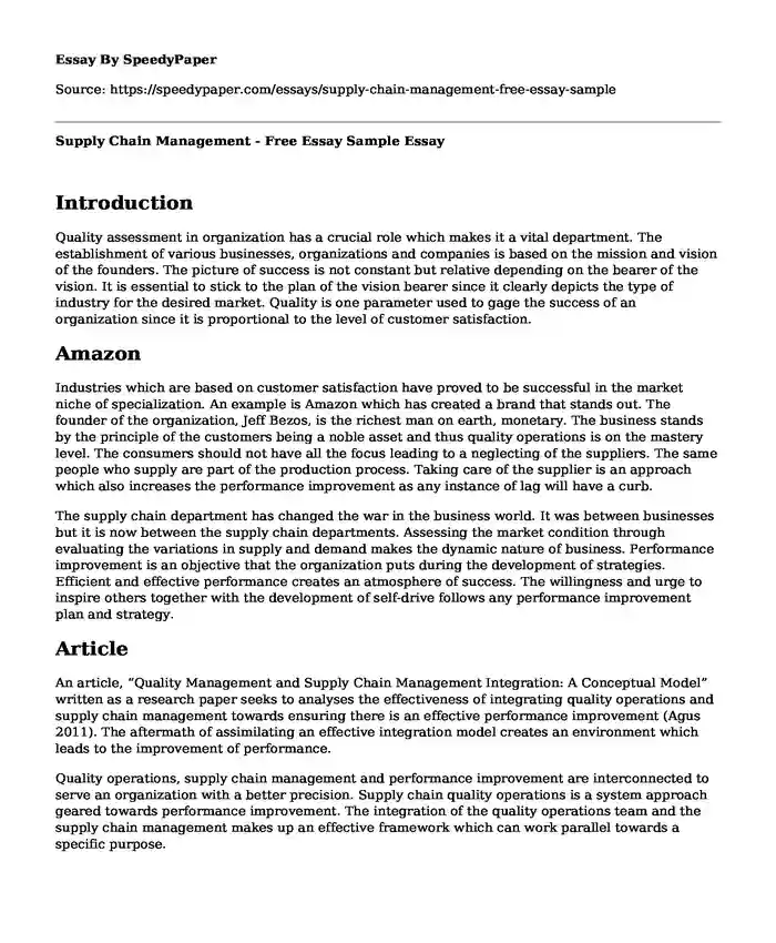 Supply Chain Management - Free Essay Sample