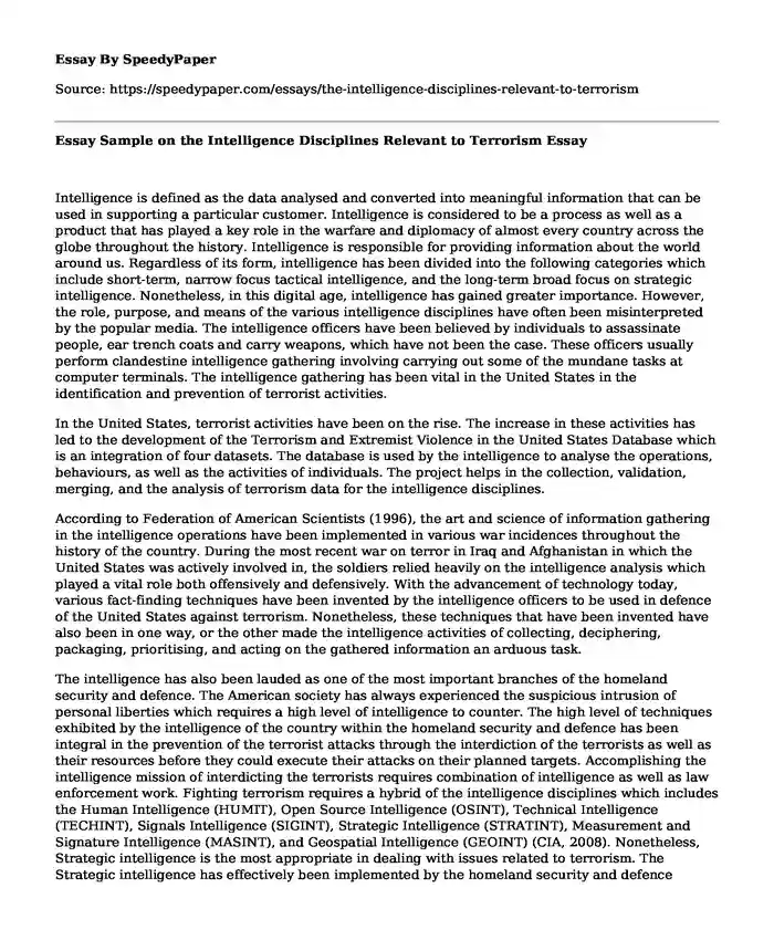 Essay Sample on the Intelligence Disciplines Relevant to Terrorism