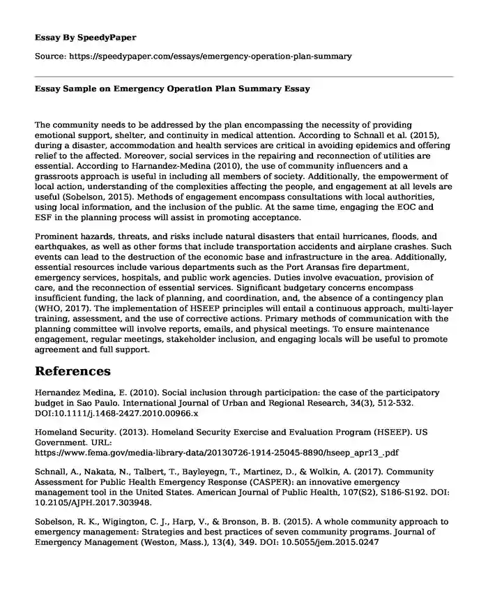 Essay Sample on Emergency Operation Plan Summary