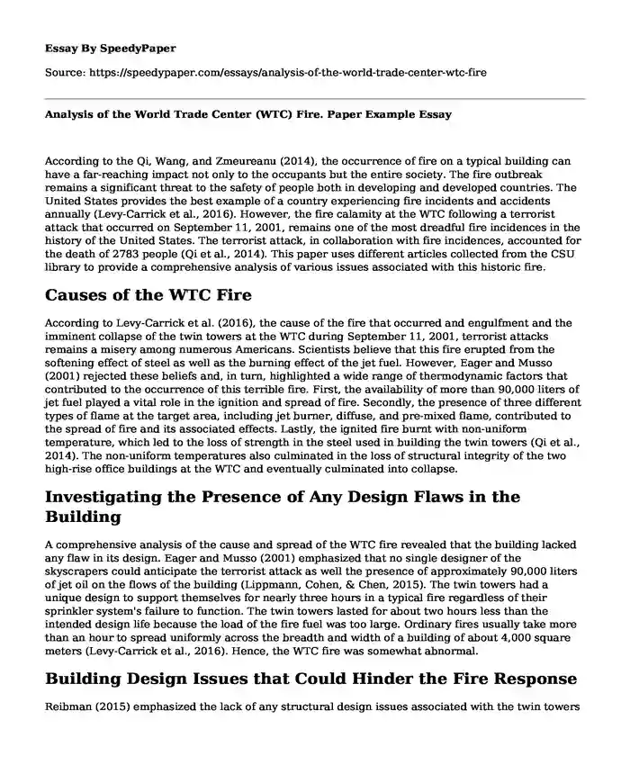 Analysis of the World Trade Center (WTC) Fire. Paper Example