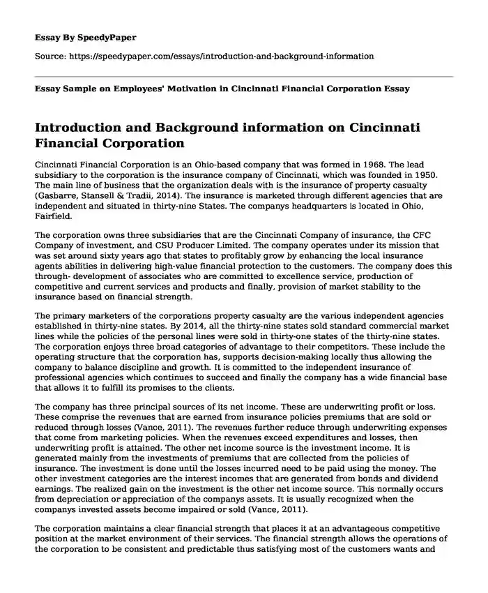 Essay Sample on Employees' Motivation in Cincinnati Financial Corporation