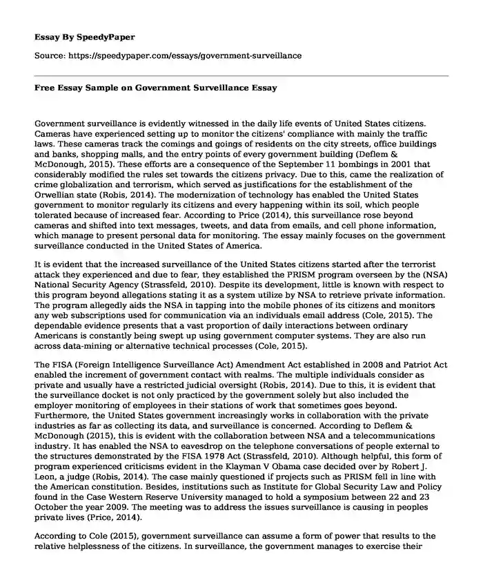 Free Essay Sample on Government Surveillance