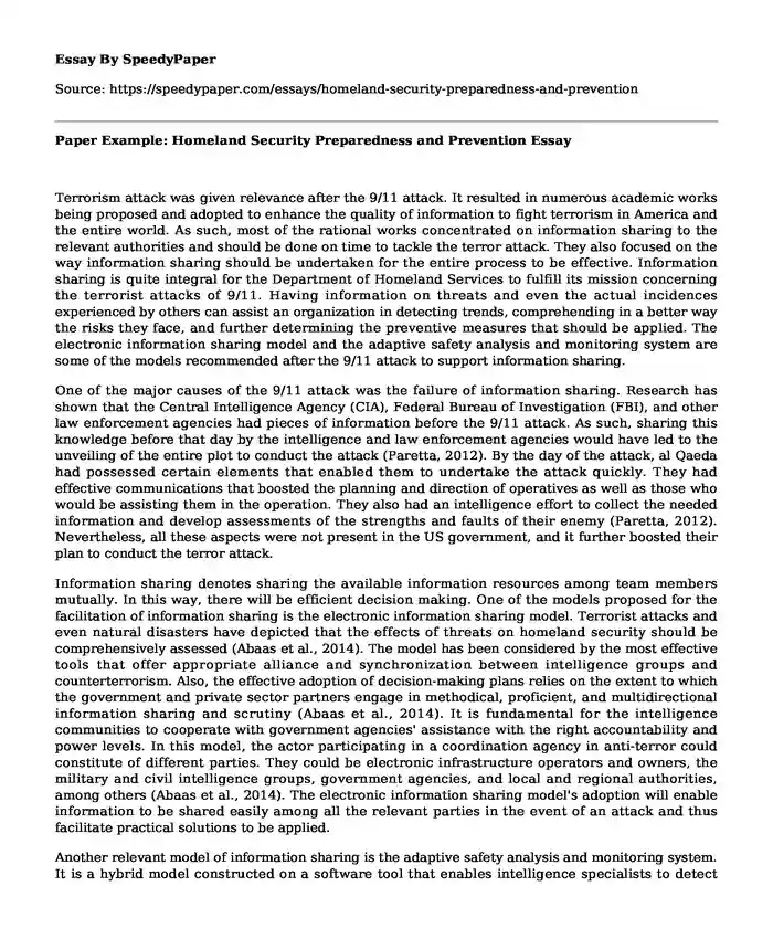 Paper Example: Homeland Security Preparedness and Prevention