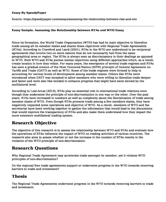 Essay Sample. Assessing the Relationship between RTAs and WTO