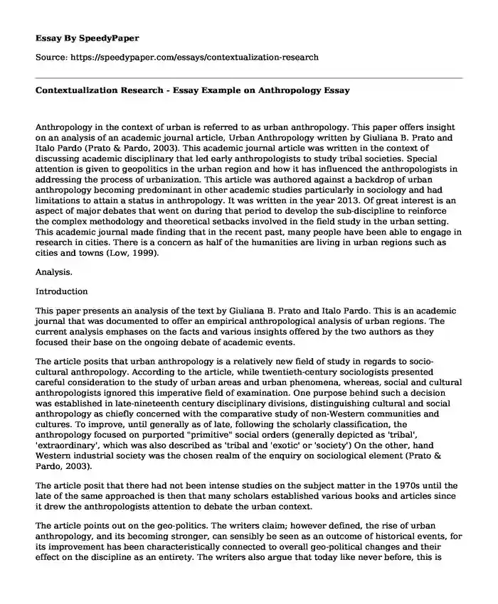 Contextualization Research - Essay Example on Anthropology