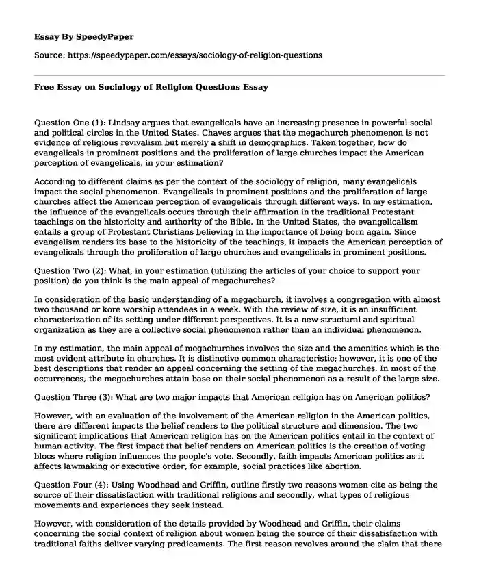 Free Essay on Sociology of Religion Questions