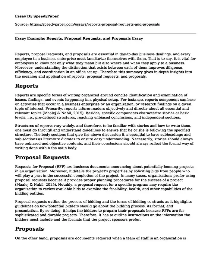 Essay Example: Reports, Proposal Requests, and Proposals