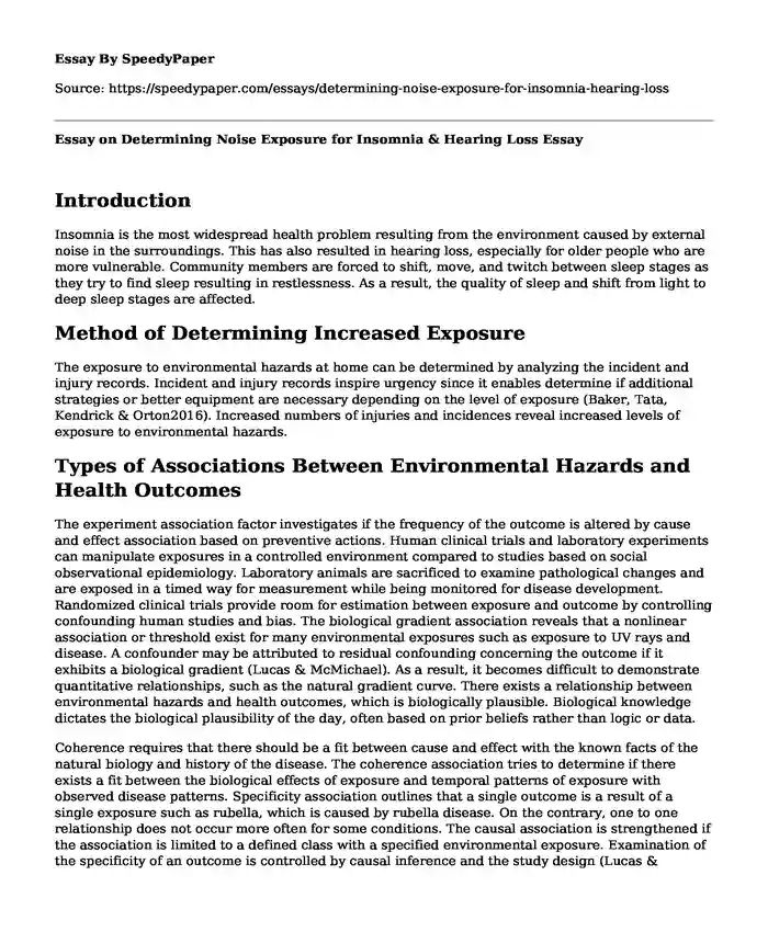 Essay on Determining Noise Exposure for Insomnia & Hearing Loss