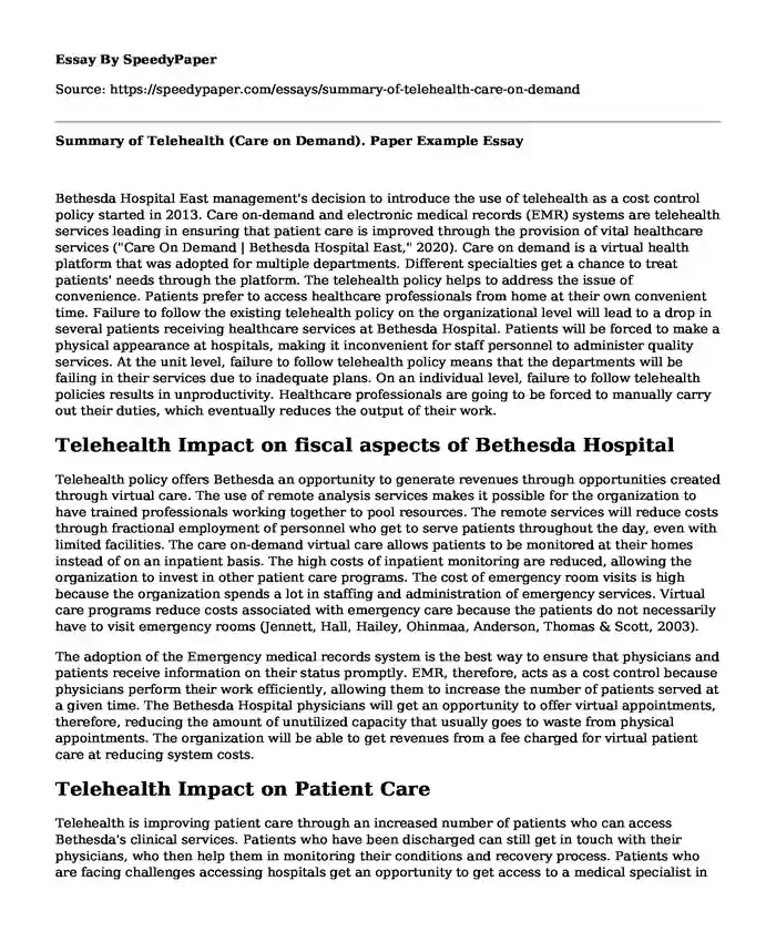 Summary of Telehealth (Care on Demand). Paper Example