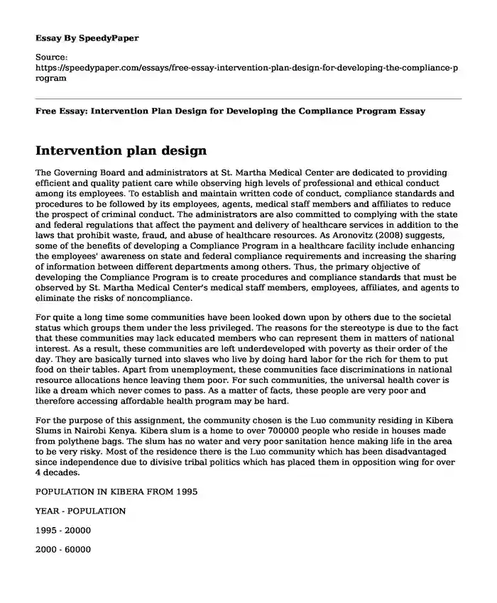 Free Essay: Intervention Plan Design for Developing the Compliance Program