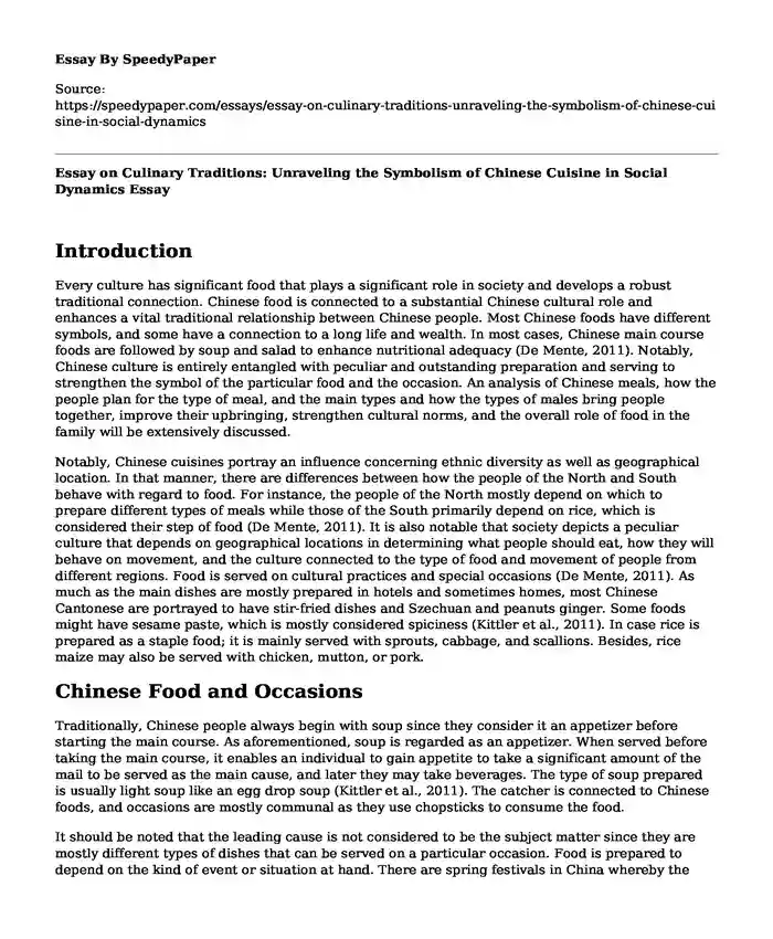 Essay on Culinary Traditions: Unraveling the Symbolism of Chinese Cuisine in Social Dynamics