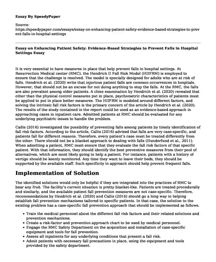 Essay on Enhancing Patient Safety: Evidence-Based Strategies to Prevent Falls in Hospital Settings