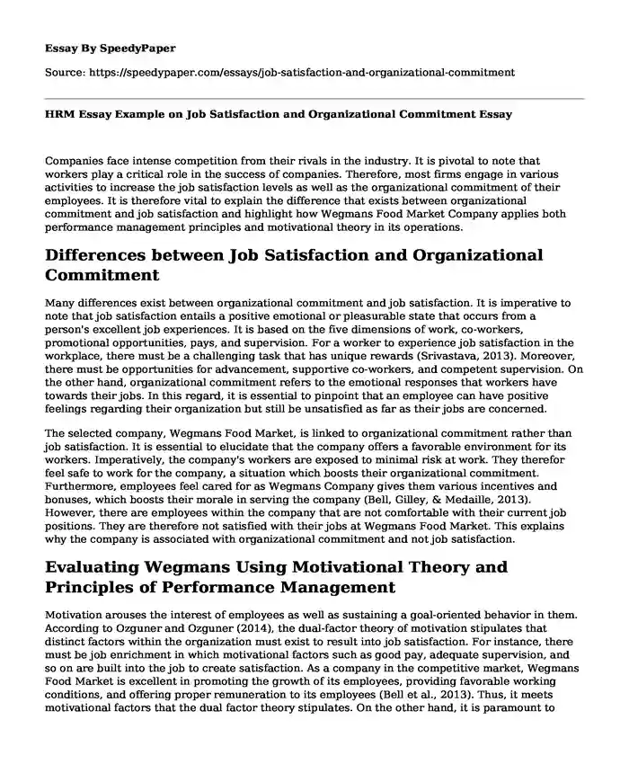 HRM Essay Example on Job Satisfaction and Organizational Commitment