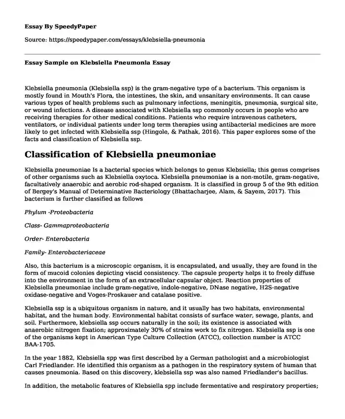 Essay Sample on Klebsiella Pneumonia