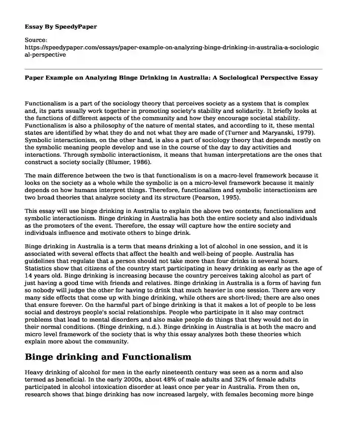 Paper Example on Analyzing Binge Drinking in Australia: A Sociological Perspective