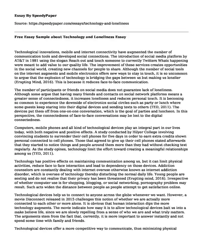 Free Essay Sample about Technology and Loneliness