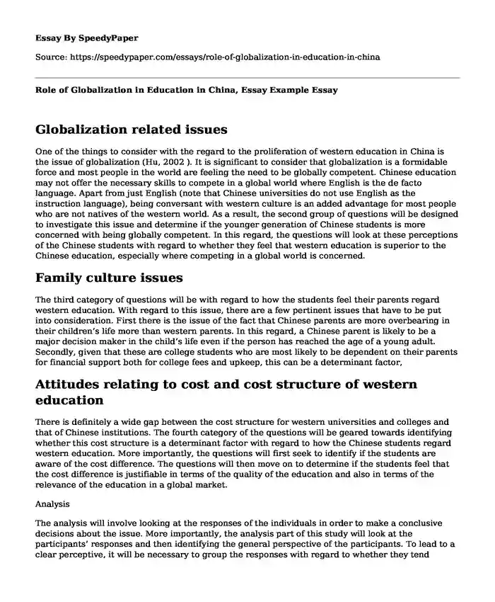 Role of Globalization in Education in China, Essay Example