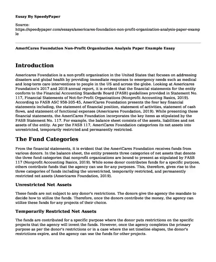 AmeriCares Foundation Non-Profit Organization Analysis Paper Example