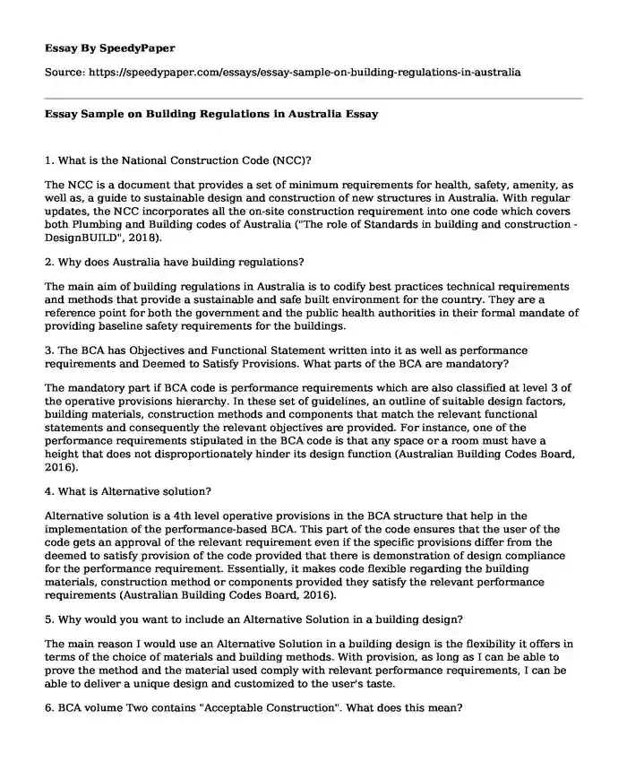 Essay Sample on Building Regulations in Australia
