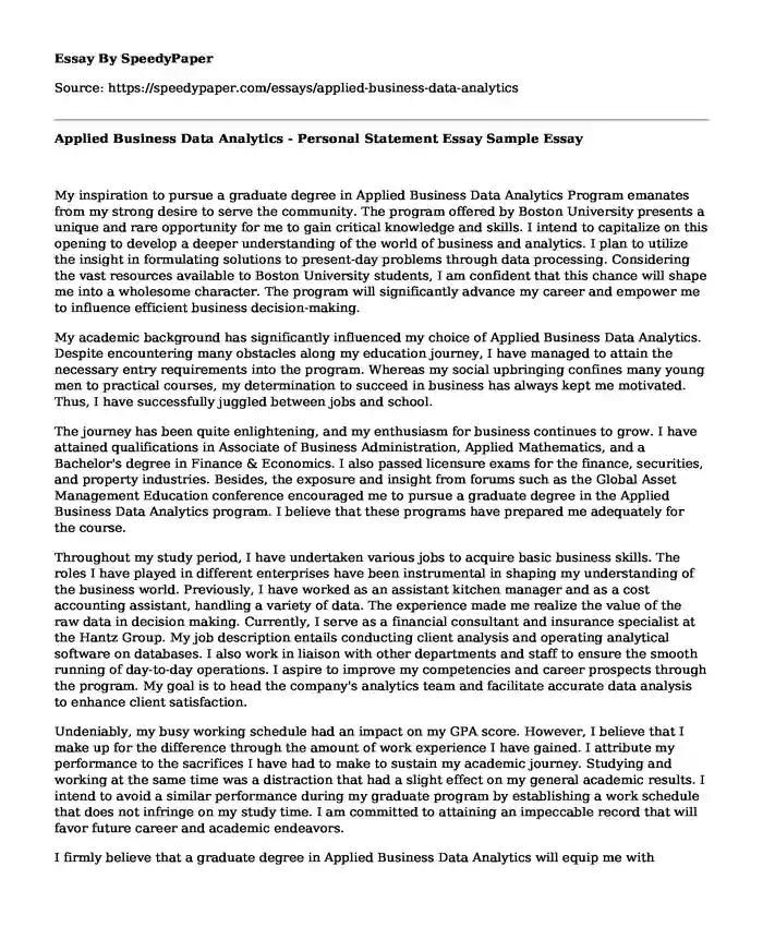 Applied Business Data Analytics - Personal Statement Essay Sample