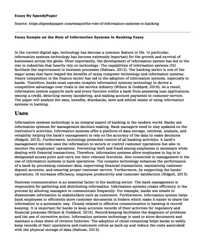 Essay Sample on the Role of Information Systems in Banking