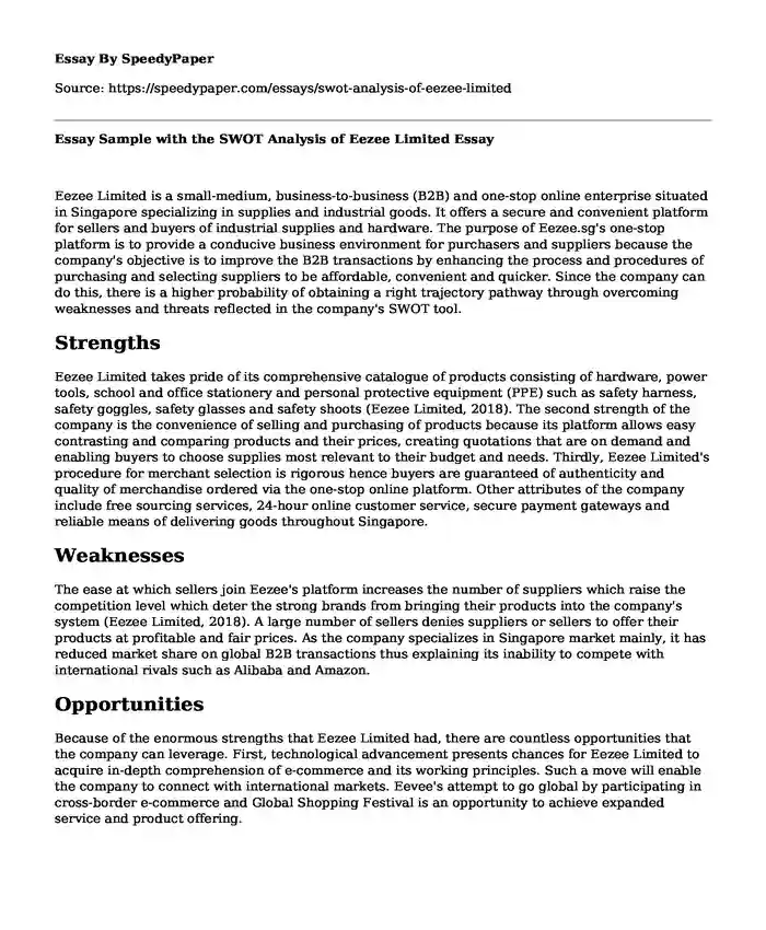 Essay Sample with the SWOT Analysis of Eezee Limited
