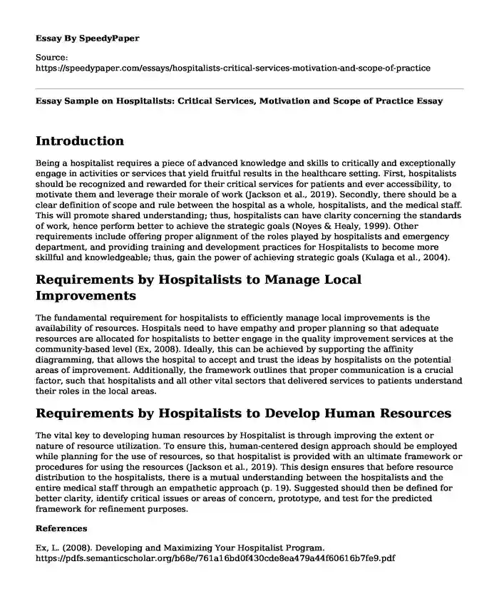 Essay Sample on Hospitalists: Critical Services, Motivation and Scope of Practice