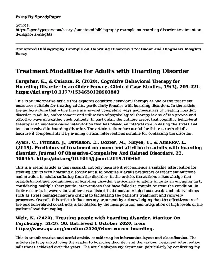 Annotated Bibliography Example on Hoarding Disorder: Treatment and Diagnosis Insights