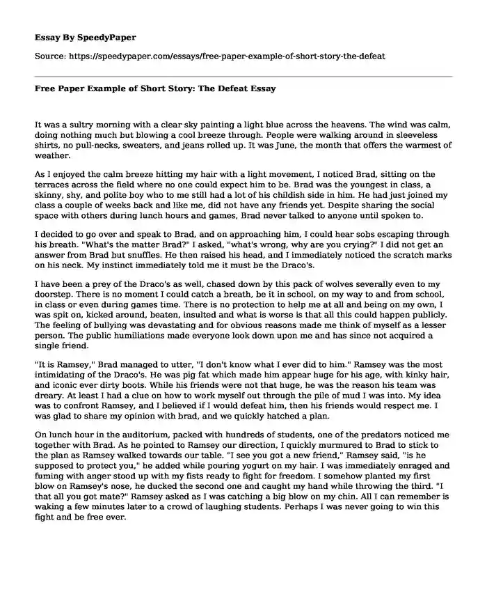 Free Paper Example of Short Story: The Defeat