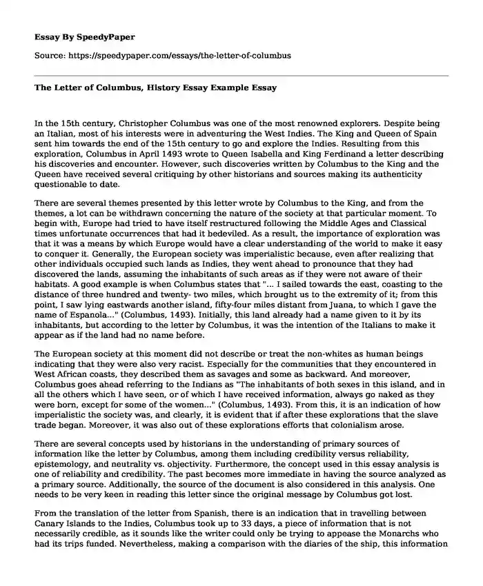 The Letter of Columbus, History Essay Example