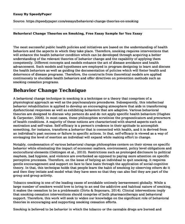 Behavioral Change Theories on Smoking, Free Essay Sample for You