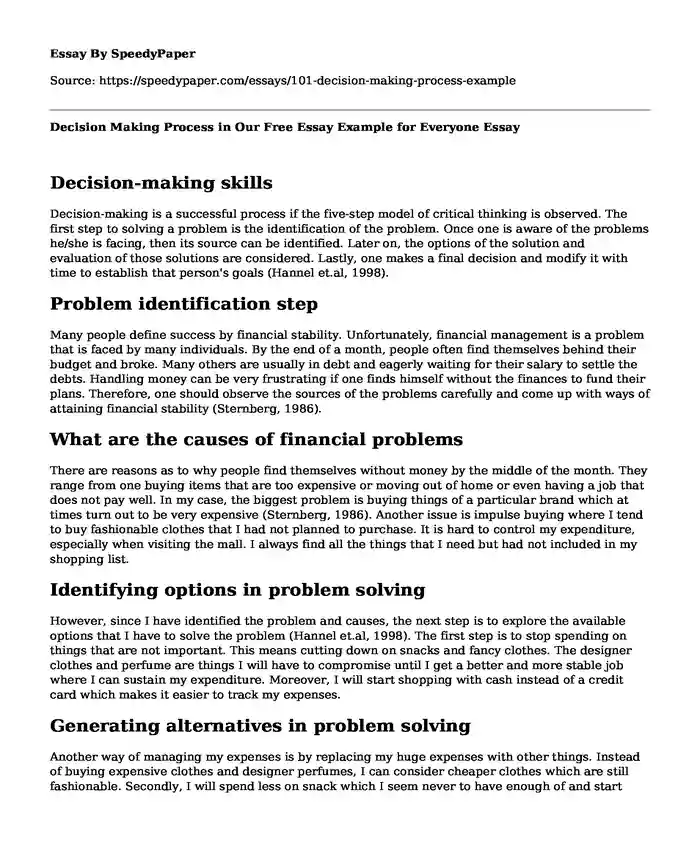 Decision Making Process in Our Free Essay Example for Everyone