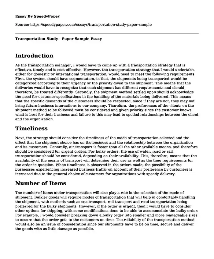 Transportation Study - Paper Sample