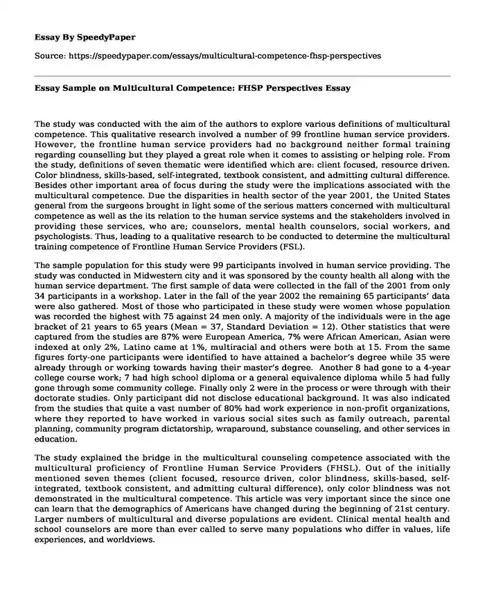 Essay Sample on Multicultural Competence: FHSP Perspectives