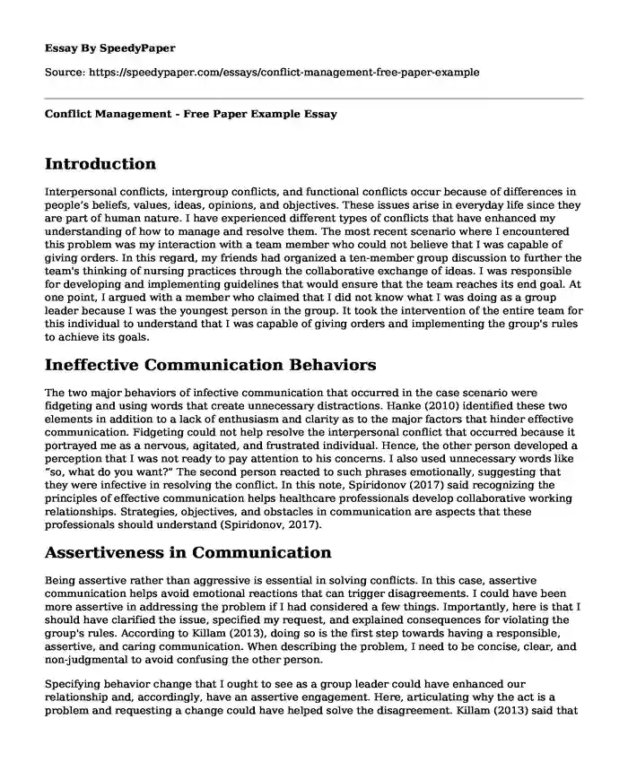 Conflict Management - Free Paper Example