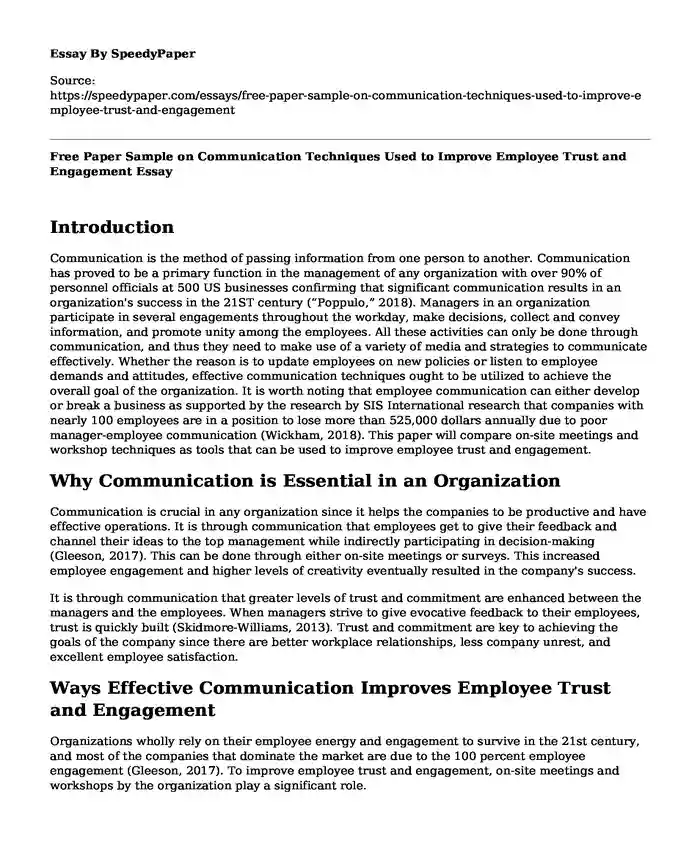 Free Paper Sample on Communication Techniques Used to Improve Employee Trust and Engagement