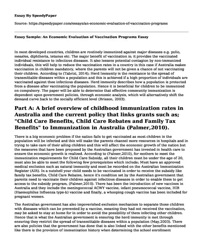 Essay Sample: An Economic Evaluation of Vaccination Programs