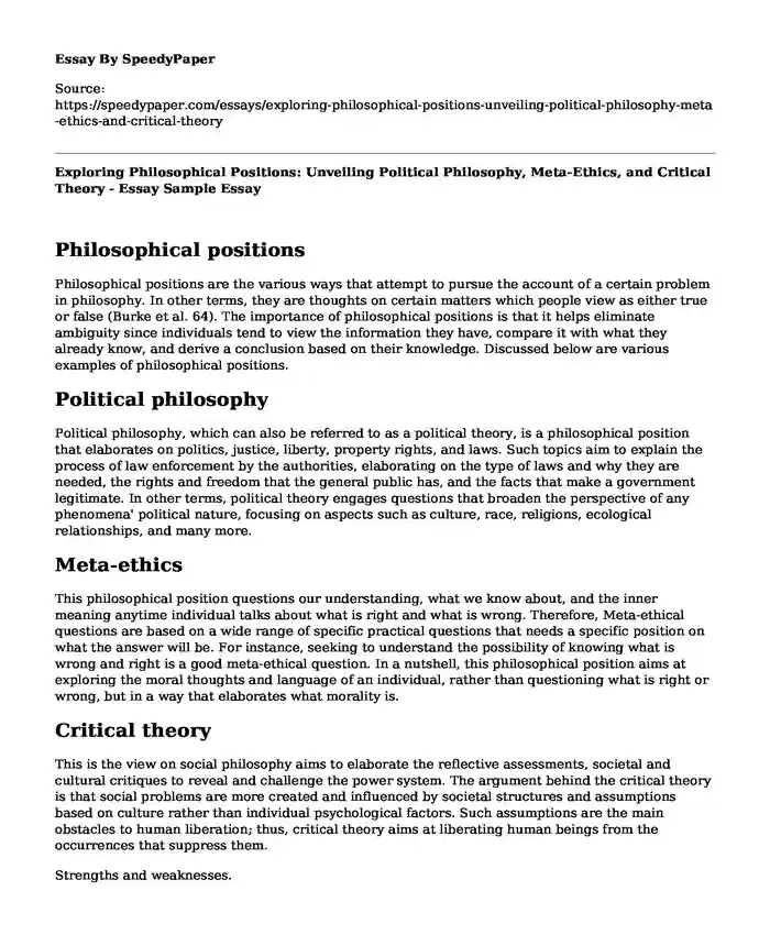 Exploring Philosophical Positions: Unveiling Political Philosophy, Meta-Ethics, and Critical Theory - Essay Sample
