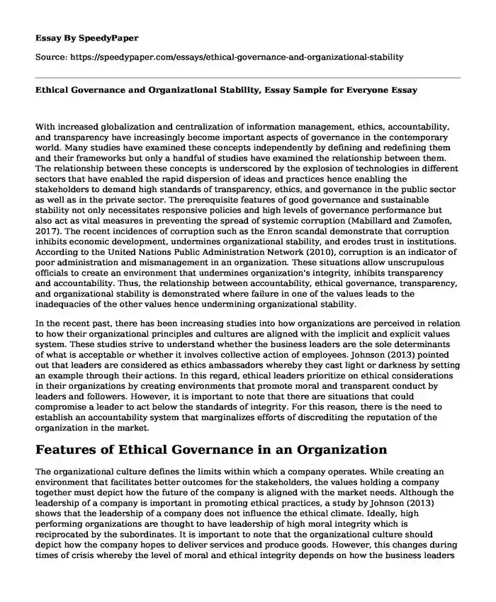 Ethical Governance and Organizational Stability, Essay Sample for Everyone