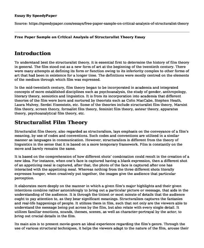 Free Paper Sample on Critical Analysis of Structuralist Theory