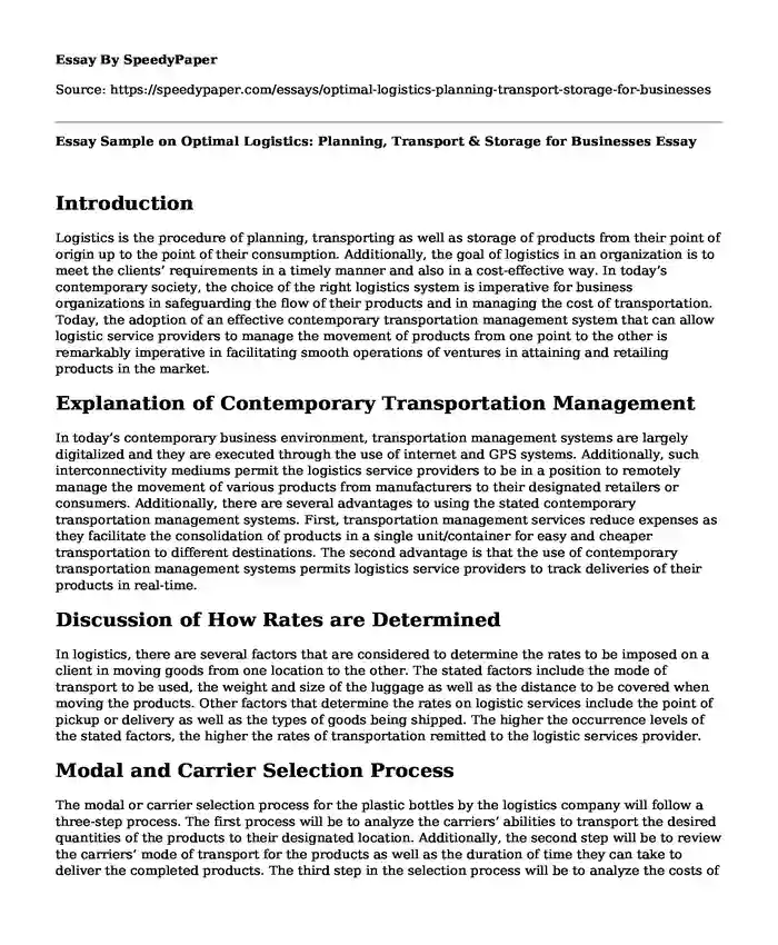 Essay Sample on Optimal Logistics: Planning, Transport & Storage for Businesses