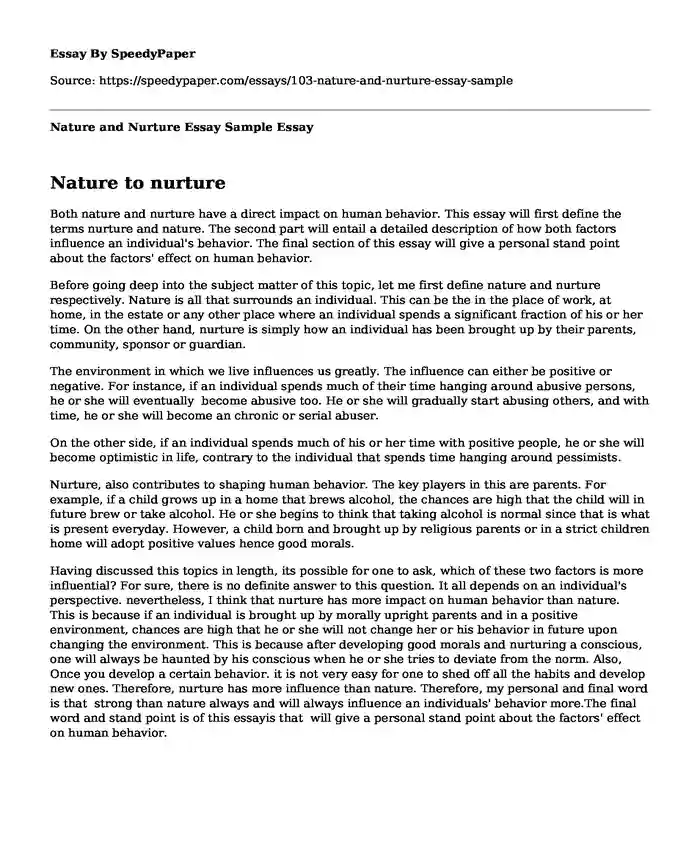 Nature and Nurture Essay Sample
